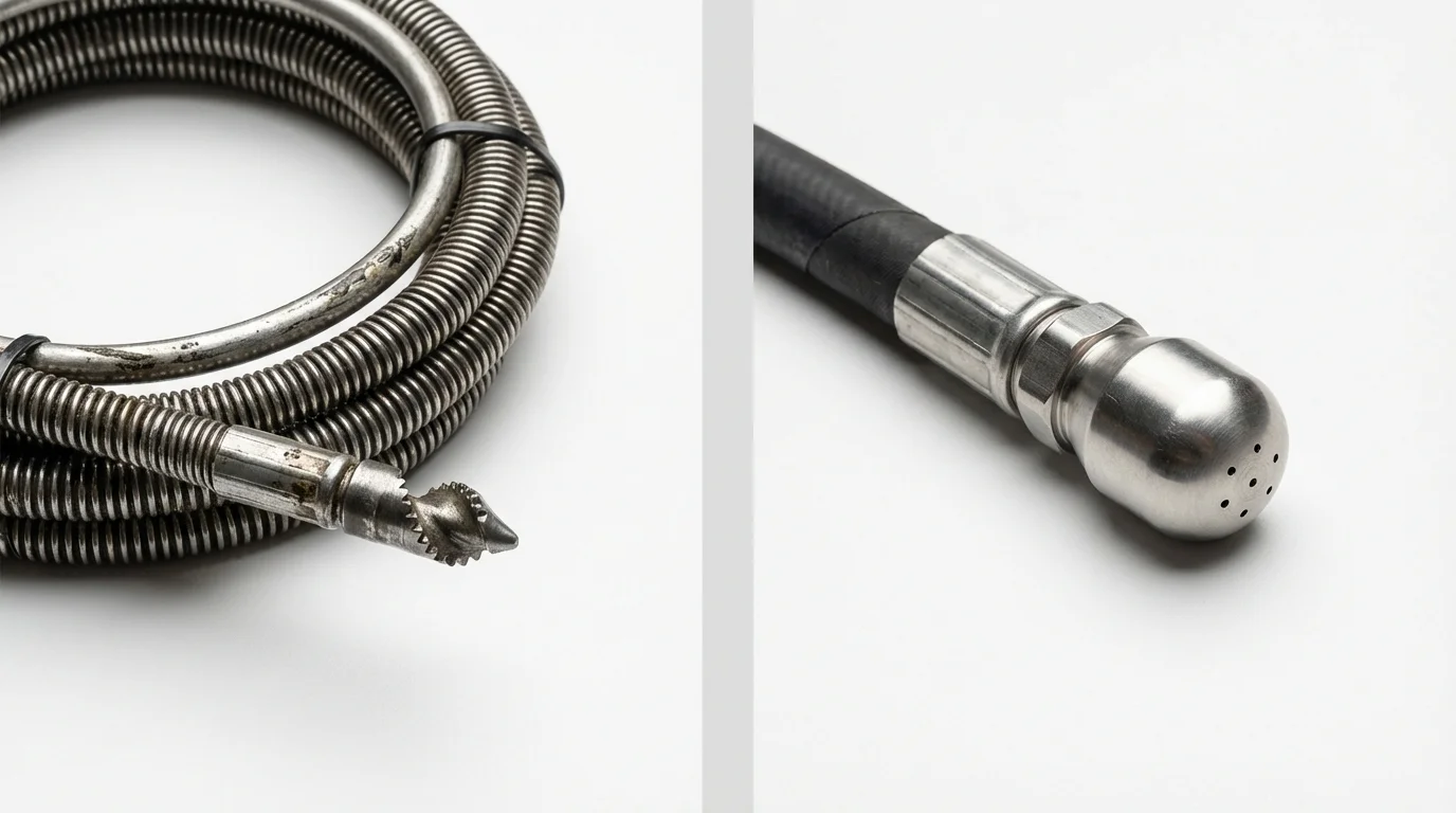 Drain snake cable and hydro jetting nozzle used for drain cleaning in Atwater, MN