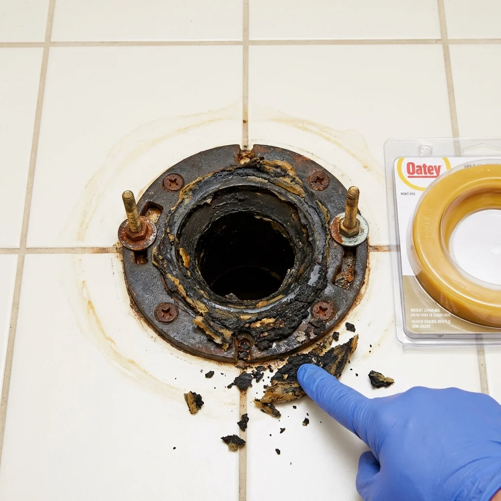 Failed wax ring showing water seepage at the base of a toilet in a Atwater, MN home