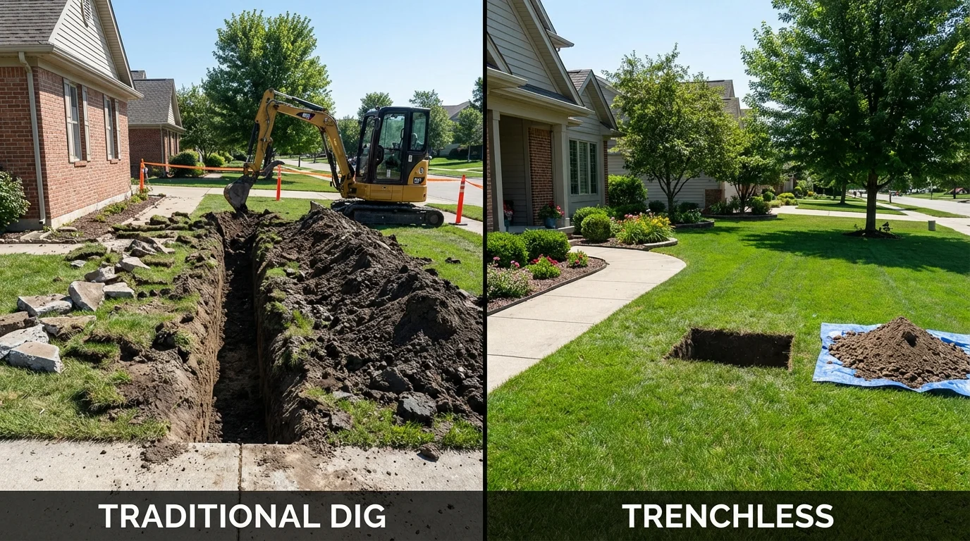 Trenchless sewer repair with minimal yard damage versus traditional excavation in Atwater, MN