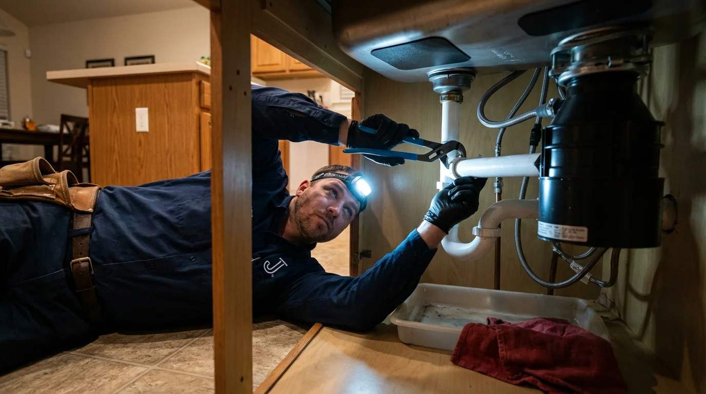 P-trap and supply line connections under a kitchen sink showing a common leak point in Atwater, MN